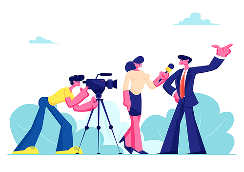 Mass Media Announcement of Live News, Tv Broadcasting with Cameraman and Reporter. Female Journalist Taking Interview with Man in Formal Suit, Politics or Businessman Cartoon Flat Vector Illustration