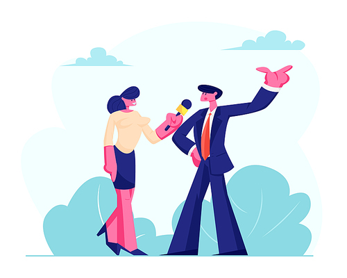 Female Journalist Holding Microphone Taking Interview with Man in Formal Suit, Politics or Businessman Outdoor. Mass Media Breaking News, Tv Broadcasting with Reporter Cartoon Flat Vector Illustration