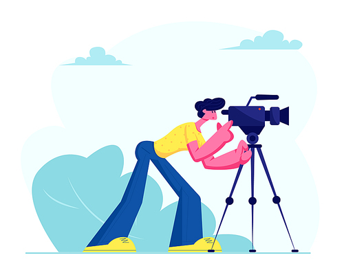 Mass Media Staff, Announcement of Live News, Broadcasting with Cameraman Recording Tv Program with Professional Camera Outdoors. Reportage, Journalistic Reporter Job. Cartoon Flat Vector Illustration