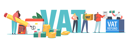 Vat, Value Added Tax Return Service Concept. Male or Female Characters Getting Refund for Foreign Shopping. People Save Budget, Get Money Tax Free at Airport Desk. Cartoon Vector People Illustration