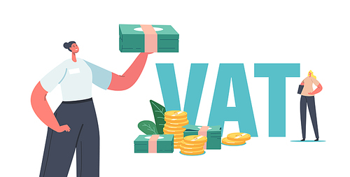 Vat, Value Added Tax Return Concept. Female Character Get Refund for Foreign Shopping. Tax Free Service, People Save Budget, Get Money for Purchasing Goods Abroad. Cartoon Vector Illustration