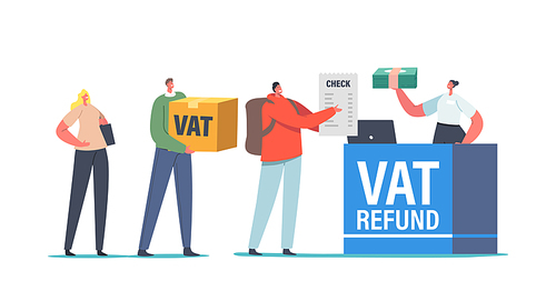 People Standing at Airport Value Added Tax Refund Counter Desk for Purchasing Abroad. Male and Female Characters Buying Goods in Tax Free Area, Fiscal Service Payment. Cartoon Vector Illustration