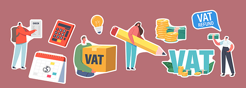 Set of Stickers Vat, Value Added Tax Return. Male or Female Characters Getting Refund for Foreign Shopping. People Save Budget, Get Money, Tax Free Airport Service. Cartoon Vector People Illustration