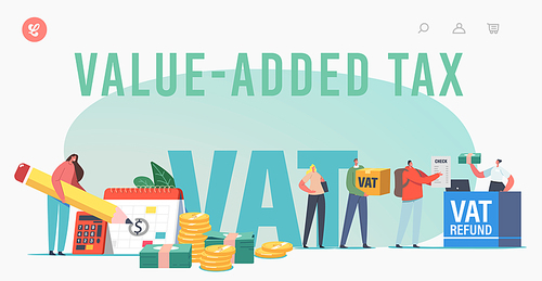 Vat, Value Added Tax Landing Page Template. Male or Female Characters Getting Refund for Foreign Shopping. People Save Budget, Get Money Tax Free at Airport Desk. Cartoon Vector People Illustration