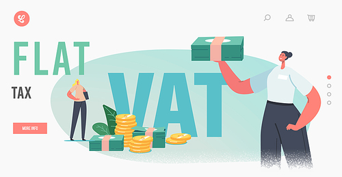 Flat Tax, Vat Return Landing Page Template. Female Character Get Refund for Foreign Shopping. Tax Free Service, People Save Budget, Get Money for Purchasing Goods Abroad. Cartoon Vector Illustration