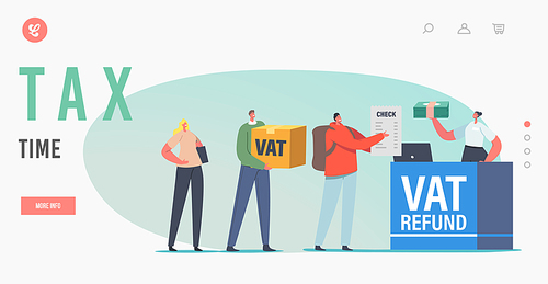 Tax Time Landing Page Template. People Standing at Airport Value Added Tax Refund Counter Desk. Tourists Characters Buying Goods in Tax Free Area, Fiscal Service Payment. Cartoon Vector Illustration