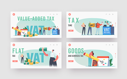 Vat, Value Added Tax Landing Page Template Set. Male Female Characters Getting Refund for Foreign Shopping. People Save Budget, Get Money Tax Free at Airport Desk. Cartoon Vector People Illustration