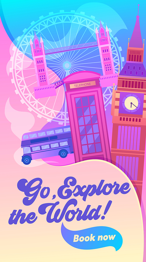 London Cityscape with All Famous Building Color Image. Around World Travel Concept Banner. Red Bus, Big Ben, Phone Booth, Tower Bridge England Symbol. Flat Cartoon Vector Illustration