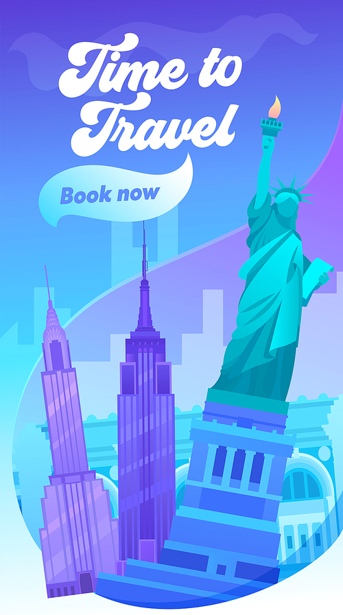 time to travel typography banner. visit big city in united state of america. new york has sight  brooklyn bridge, central park, times square and statue of liberty. flat cartoon vector illustration