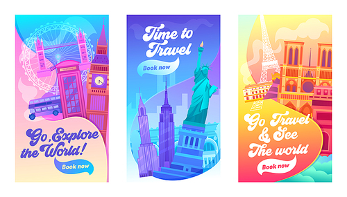 Explore the World Typography Banner Set. Vacation in United Kingdom, America and France. Time for Travel and Visit Sight of London, New York or Paris. Flat Cartoon Vector Illustration