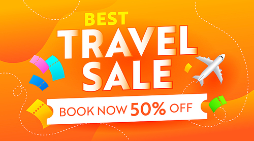 Best Travel Sale Advertising Banner with Airplane and Tickets on Orange Background. Summer Season Voyage Off Flyer, Social Media Promo Template Design for Trip Shopping Discount. Vector Illustration