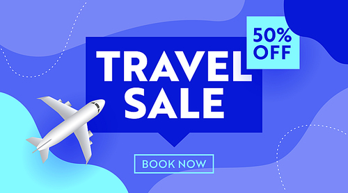 Travel Sale Advertising Banner with Airplane on Blue Background, Design for Trip Off, Shopping Discount. Social Media Promo Content Ad, Off Poster, Flyer, Book Now Card Template. Vector Illustration