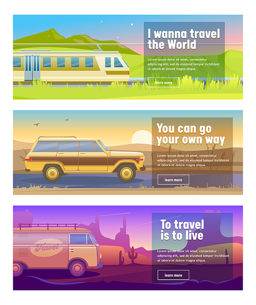 Travel for Train Car Bus Banner Set. Mountain Desert Field Landscape Background. Can Use for Advertisement Poster Card. Holiday Adventure Design Concept. Flat Cartoon Vector Illustration
