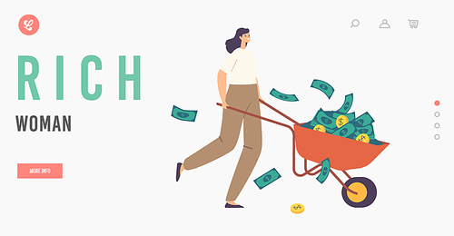 Rich Woman Landing Page Template. Millionaire Businesswoman Character with Money Wheelbarrow Full of Gold and Dollars. Business Growth, Wealth and Prosperity Concept. Cartoon Vector Illustration