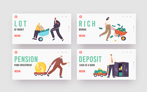 Business Characters with Money Wheelbarrow Landing Page Template Set. Safe with Golden Coins and Dollar Bills. Cartoon People Earn Money, Make Savings, Benefit or Lottery Win. Vector Illustration