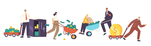 Male and Female Business Characters with Money Wheelbarrow, Safe and Trolley with Golden Coins and Dollar Bills. Cartoon People Earn Money, Make Savings, Benefit or Lottery Win. Vector Illustration
