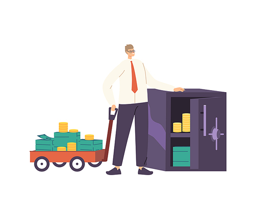 Businessman Character with Money Wheelbarrow and Safe Full of Gold and Dollars. Business Growth, Wealth and Prosperity Concept. Rich Man Millionaire, Investor with Money. Cartoon Vector Illustration