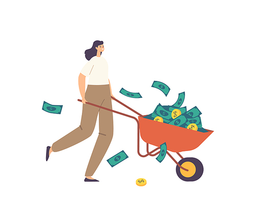 Rich Millionaire Businesswoman Character with Money Wheelbarrow Full of Gold Coins and Dollars. Business Growth, Wealth and Prosperity Concept. Investor with Money. Cartoon Vector Illustration