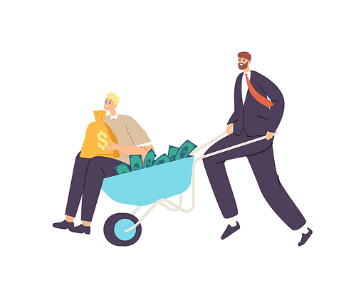 Businessman Character Push Wheelbarrow with Money and Man Holding Sack with Dollars. Business Growth, Wealth and Prosperity Concept. Rich Men Millionaires, Investors. Cartoon Vector Illustration