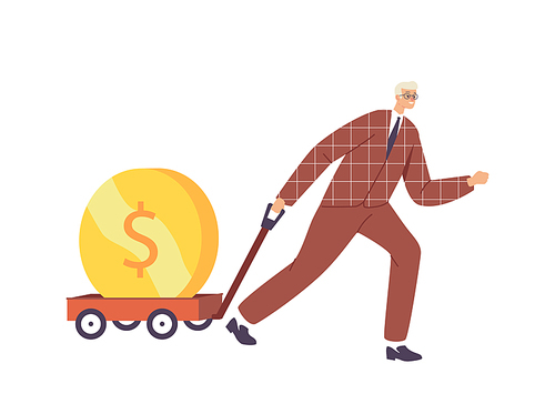 Business Growth, Investment, Wealth and Prosperity Concept. Businessman Character Pull Trolley with Huge Golden Coin. Investor with Money Wheelbarrow, Rich Man Millionaire. Cartoon Vector Illustration