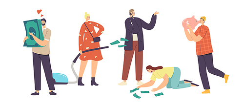 Love Money, Greed, Cupidity Concept. Greedy Male and Female Characters Excited to Gain Money, Hugging Piggy Bank and Dollar Bills, Businesswoman with Vacuum Cleaner. Cartoon People Vector Illustration