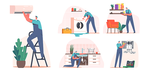 Set Repair Service, Electrician, Plumber Call Master at Work. Handyman Masters Male Characters in Uniform Working with Instruments Fixing Broken Technics at Home. Cartoon People Vector Illustration