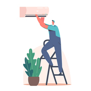 Repair Service Handyman Character Fixing Broken Conditioner at Home or Office. Husband for an Hour Fix Broken Technics Concept. Electrician Call Master at Work. Cartoon People Vector Illustration