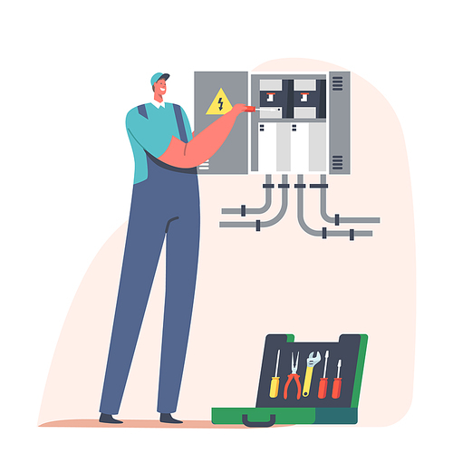 Home Repairment, Fire, Energy and Electrical Safety Concept. Handyman Electrician Character in Robe Overalls Examine Working Draft or Measure Voltage at Dashboard. Cartoon People Vector Illustration