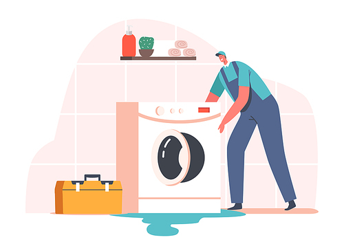 Call Master Work with Damaged Technics. Plumber, Husband for an Hour Repair Service. Male Character in Uniform Work with Instruments Fixing Broken Washing Machine at Home. Cartoon Vector Illustration