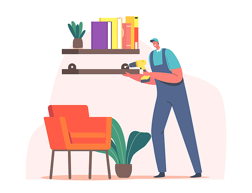 Furniture Assembly, Repair Service. Handyman Carpenter Worker Character with Screwdriver Tool Assembling Home Furniture Hanging Shelf on Wall with Construction Instrument. Cartoon Vector Illustration