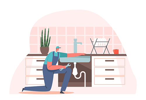 Handyman Character in Uniform Fixing Broken Sink at Home Kitchen. Husband for an Hour Repair Service. Plumber Call Master Plumbing Work. Repairman Household Occupation. Cartoon Vector Illustration