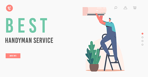 Best Handyman Service Landing Page Template. Repair Master Character Fixing Broken Conditioner at Home or Office. Electrician, Husband for an Hour Fix Broken Technics. Cartoon Vector Illustration