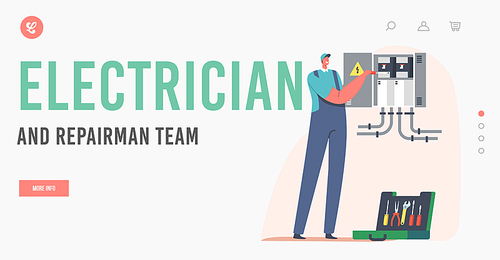Electrician and Repairment Team Landing Page Template. Energy and Electrical Safety. Handyman Character in Robe Examine Working Draft, Measure Voltage at Dashboard. Cartoon People Vector Illustration
