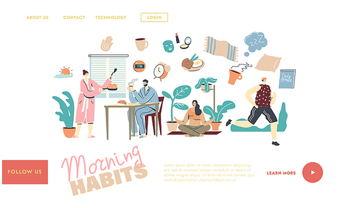 Morning Habits. Characters Daily Routine Landing Page Template. Man Woman Waking Up, Cooking Breakfast, Drinking Coffee. Girl Doing Yoga or Stretching, Man Jogging. Linear People Vector Illustration