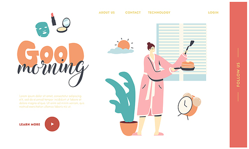 Domestic Culinary, Bakery Landing Page Template. Woman in Robe Holding Pan with Baked Pancakes for Breakfast. Female Character Morning Routine Cooking Meal for Family. Linear Vector Illustration