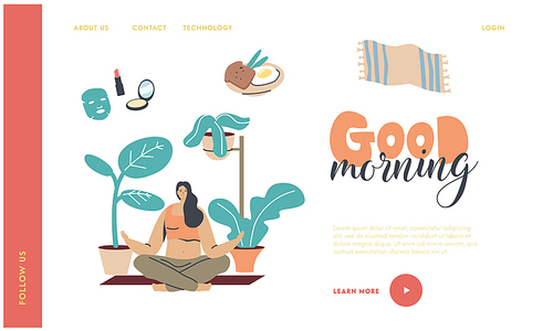 Yoga Class Practice, Healthy Lifestyle Landing Page Template. Young Woman Character Morning Meditation, Relaxation and Emotional Balance. Harmony with Nature and Mind. Linear Vector Illustration