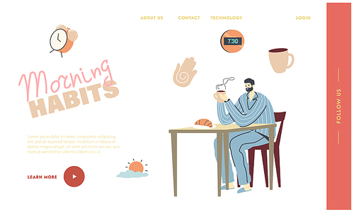 Male Character Morning Everyday Routine Landing Page Template. Young Man in Pajama and Slippers Have Breakfast at Home Sitting at Table Drinking Coffee and Eating Croissant. Linear Vector Illustration