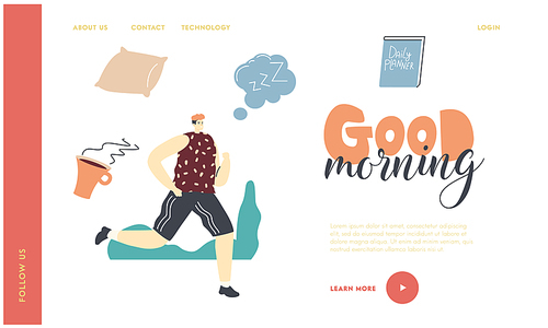 Man Running in Park at Morning Landing Page Template. Male Character Summertime Outdoor Sport Activity. Jogging and Sports Healthy Lifestyle. Sportsman Daily Exercising. Linear Vector Illustration