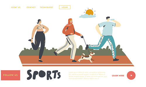 Summer Outdoor Sport Activity, Jogging Healthy Lifestyle Landing Page Template. Characters Run at Morning. Men and Women in Sports Wear and Sneakers Running in Park. Linear People Vector Illustration