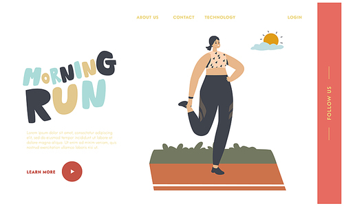 Jogging and Sport Healthy Lifestyle, Exercise Landing Page Template. Happy Female Character Run at Morning. Athletic Woman in Sports Wear Running at Summertime in Park. Linear Vector Illustration