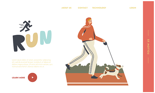 Female Character Jogging, Sport Lifestyle, Morning Exercising Landing Page Template. Happy Woman in Sports Wear Running with Dog on Stadium . Outdoor Sport Activity, Linear Vector Illustration