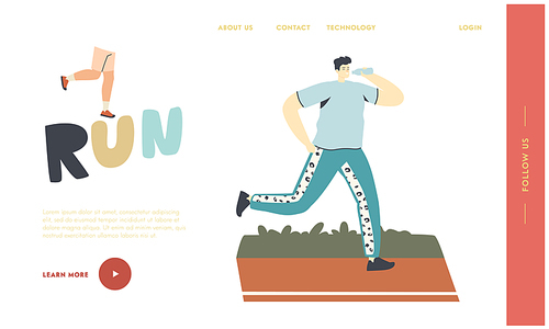 Summer Outdoor Sport Activity Landing Page Template. Male Character in Sports Wear Running and Drink Bottled Water. Man Jogging and Sport Healthy Lifestyle, Morning Workout. Linear Vector Illustration