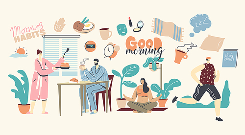 Morning Habits. Characters Daily Routine, Man and Woman Waking Up, Cooking Breakfast, Drinking Coffee Together at Home. Girl Doing Yoga or Stretching, Man Jogging. Linear People Vector Illustration