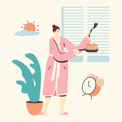 Happy Young Woman in Pink Robe Holding Pan with Stack of Baked Pancakes for Breakfast. Female Character Morning Routine Cooking Meal for Family, Domestic Culinary, Bakery. Linear Vector Illustration