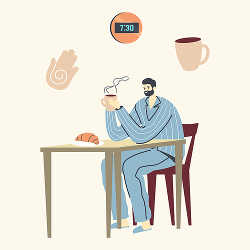 Young Man in Pajama and Slippers Have Breakfast at Home Sitting at Table Drinking Hot Coffee and Eating Fresh Croissant. Male Character Morning Relax or Everyday Routine. Linear Vector Illustration