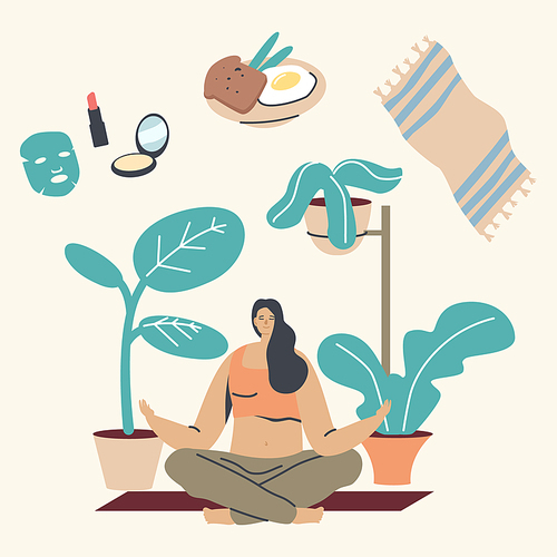 Young Woman Character Morning Meditation in Lotus Posture at Home. Yoga Class Practice, Healthy Lifestyle, Relaxation and Emotional Balance. Harmony with Nature and Mind. Linear Vector Illustration