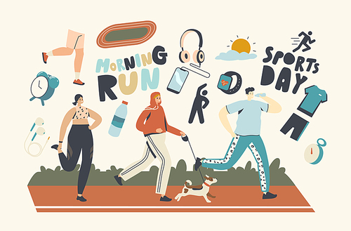 Happy Characters Run at Morning. Men and Women in Sports Wear and Sneakers Running in Park. Summer Outdoor Sport Activity, Jogging Sport Healthy Lifestyle, Workout. Linear People Vector Illustration