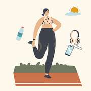 Happy Female Character Run at Morning. Athletic Woman in Sports Wear Running at Summertime in Park. Outdoor Sport Activity, Jogging and Sport Healthy Lifestyle, Exercise. Linear Vector Illustration