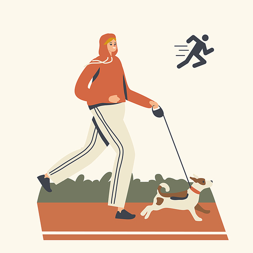 Happy Woman in Sports Wear and Sneakers Running with Dog Along Stadium Trace or Park. Outdoor Sport Activity, Female Character Jogging, Sport Lifestyle, Morning Exercising. Linear Vector Illustration