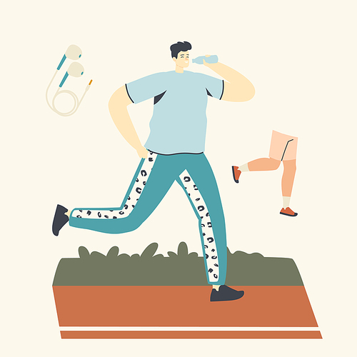 Summer Outdoor Sport Activity, Happy Male Character in Sports Wear and Sneakers Running and Drinking Bottled Water. Man Jogging and Sport Healthy Lifestyle, Morning Workout. Linear Vector Illustration